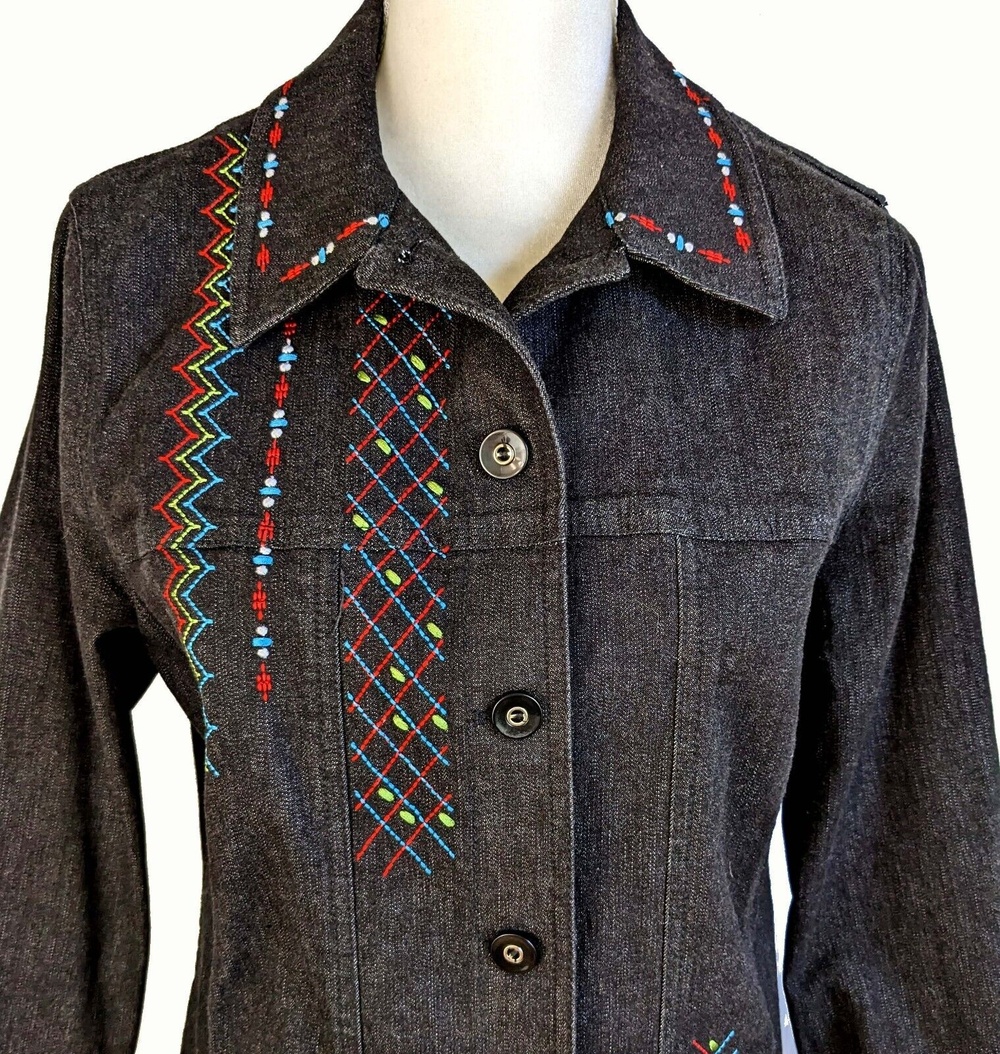 Allison Daley Women's LG Black Denim Southwest Embroidered Jacket